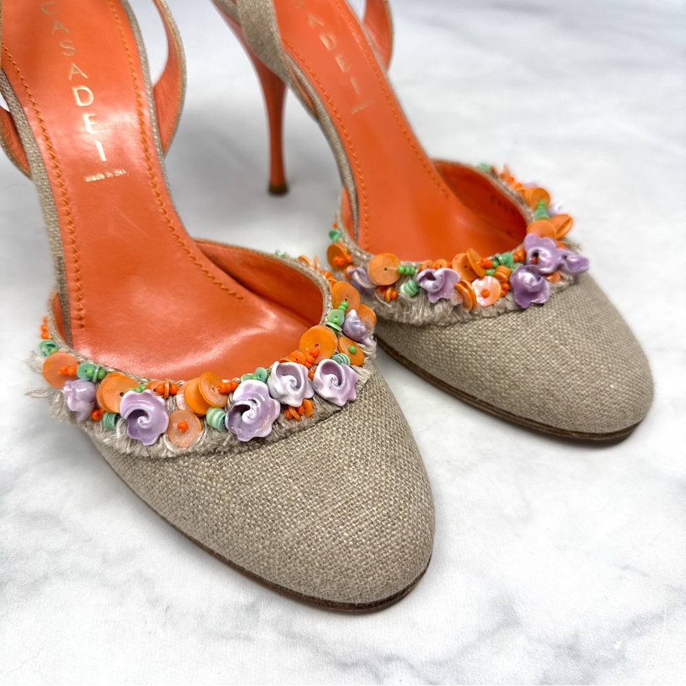 CASADEI Vintage Y2K Shell Beaded Burlap Canvas Leather Slingback Heels 2000s 8.5 - Picture 4 of 16